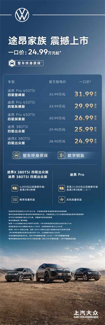 途昂 Pro 一口價(jià)26.99萬元起！搭載第五代EA888發(fā)動(dòng)機(jī)，開啟全境旅程